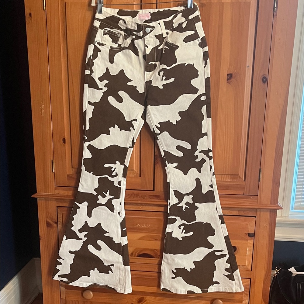 Pink Lily Cow Print Flare Pants
